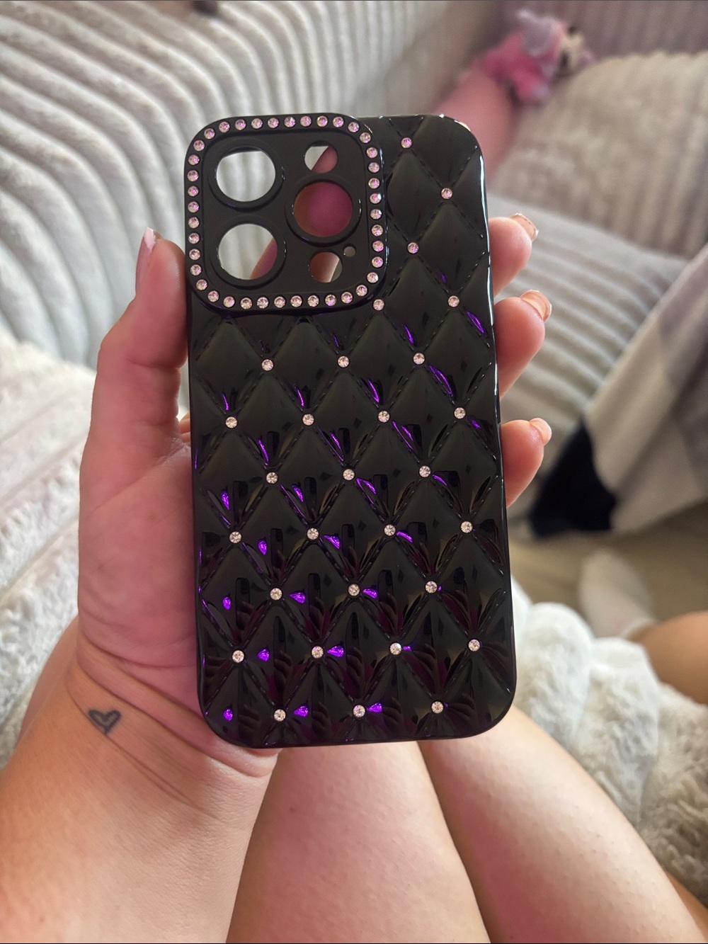 iPhone 15 Pro Black Quilted Rhinestone Phone Case - Fashion Protective Cover - Picture 3 of 3